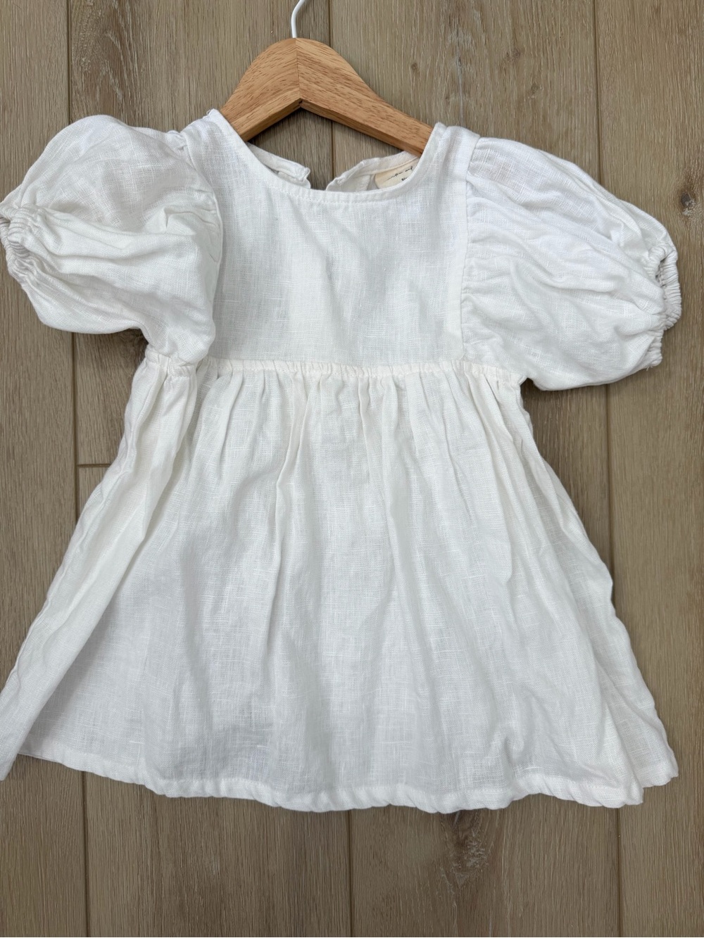 White Puff-Sleeve Linen Kids Dress